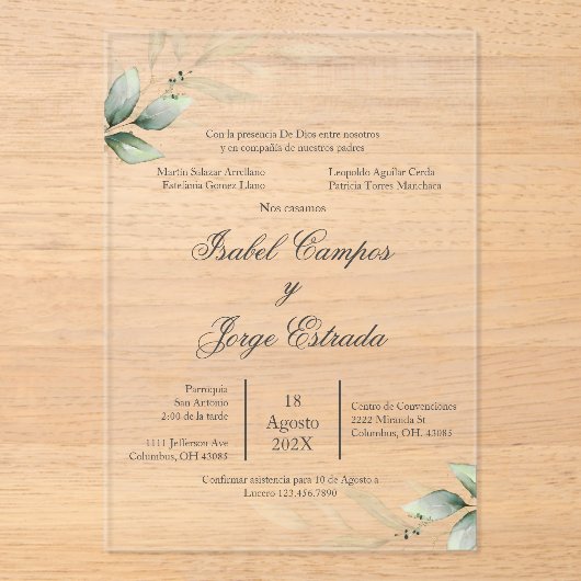 Spanish Greenery Wedding Acryl Uitnodiging (Voorkant)