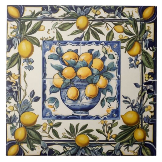 Spanish Lemons in Vase Pot Blue & White Tegeltje (Voorkant)