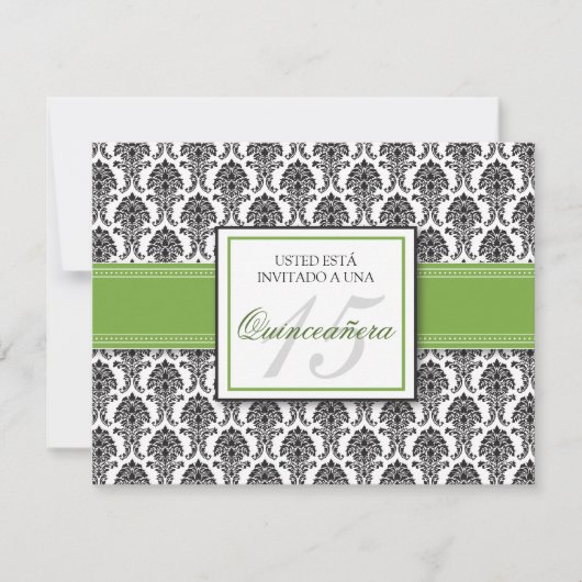 SPANISH Lime Green Damask Quinceañera Invitación Kaart (Voorkant)