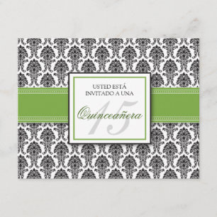 SPANISH Lime Green Damask Quinceañera Invitación Kaart