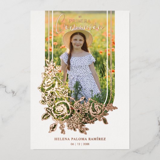 Spanish Luxury Trend Floral Primera Comunión Photo Folie Uitnodiging (Voorkant)