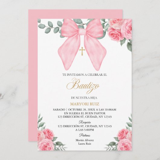 Spanish Pink bow florals girl Baptism Kaart (Voorkant / Achterkant)