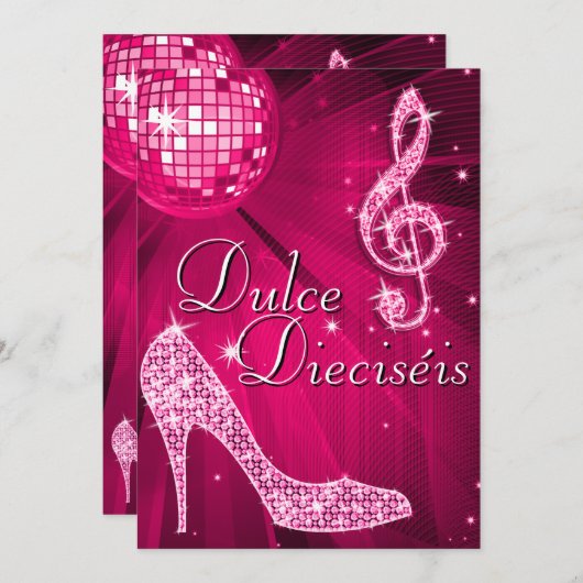 Spanish Pink Disco Ball & Sparkle Heels Sweet 16 Kaart (Voorkant / Achterkant)
