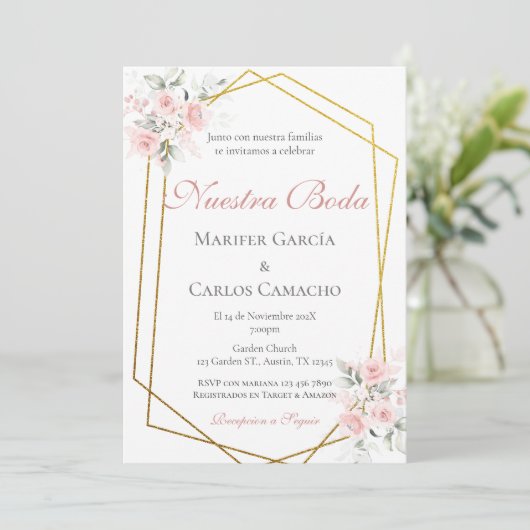 Spanish Pink Floral Wedding invitación boda españo Kaart (Staand voorkant)