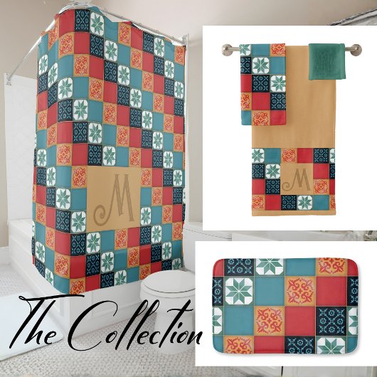 Spanish Portuguese Azulejos Tiles Monogram Initial Douchegordijn