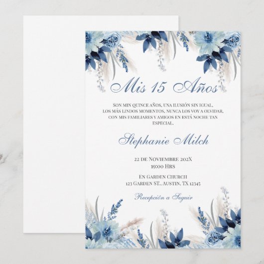 Spanish Quinceanera navy floral invite Kaart (Voorkant / Achterkant)