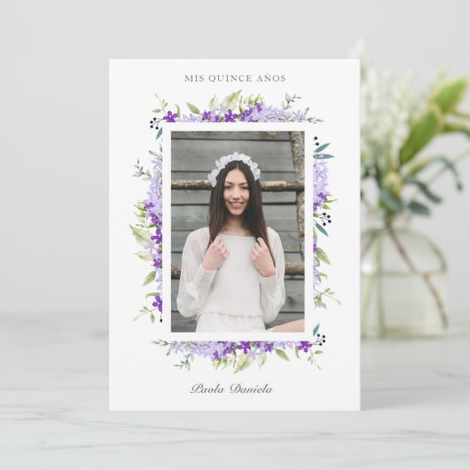 Spanish Quinceañera Photo Flower Branches Kaart (Staand voorkant)