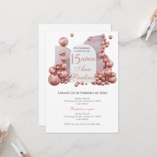 Spanish Quinceañera Pink Balloons Invitation Kaart