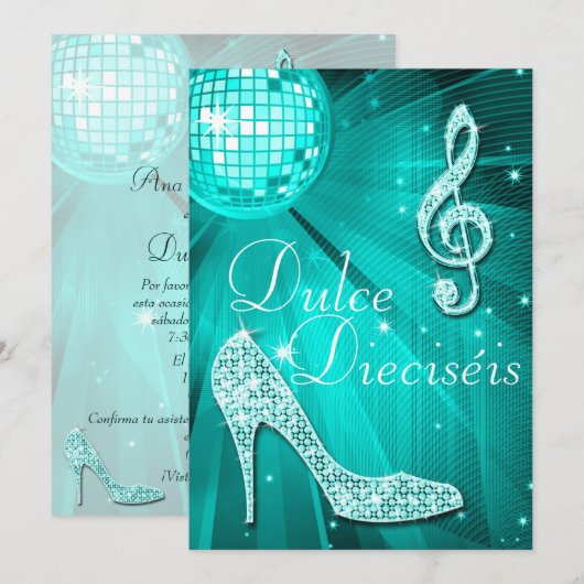 Spanish Teal Disco Ball and Sparkle Heels Sweet 16 Kaart (Voorkant / Achterkant)