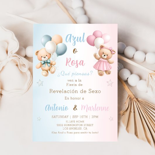 Spanish Teddy Bear Gender Reveal Invitation Kaart