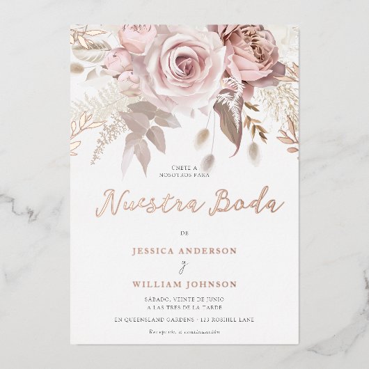 Spanish Wedding Nuestra Boda Rose Gold Folie Uitnodiging (Voorkant)