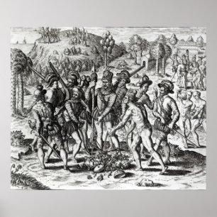 Spanjaarden die cadeaus van Indiërs ontvangen Poster