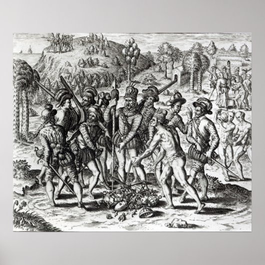 Spanjaarden die cadeaus van Indiërs ontvangen Poster (Voorkant)