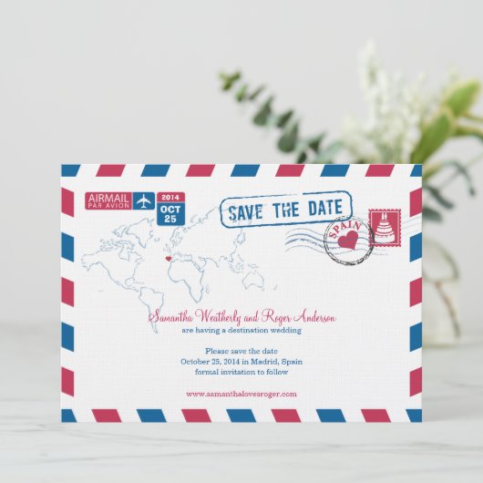 Spanje Air Mail Wedding Save the Date (Staand voorkant)