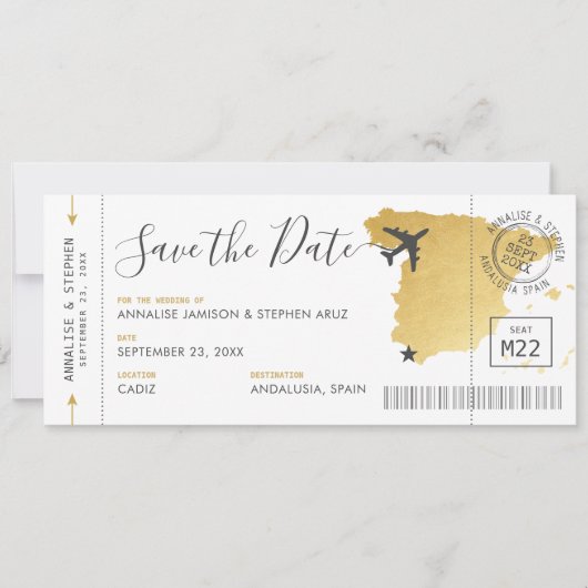 Spanje Bestemmingsinstapkaart Save the Date Gold Kaart (Voorkant)