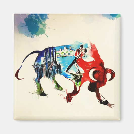 Spanje Bull Vintage Travel Love Waterverf Magneet (Voorkant)