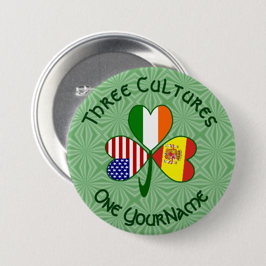 Spanje Ierland USA Flags Shamrock Jouw naam Ronde Button 7,6 Cm (Voorkant /achterkant)