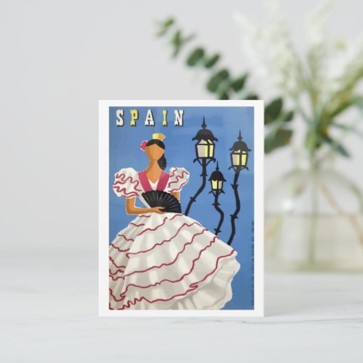 Spanje, illustratie, meisje in folklusje en lampen briefkaart (Staand voorkant)