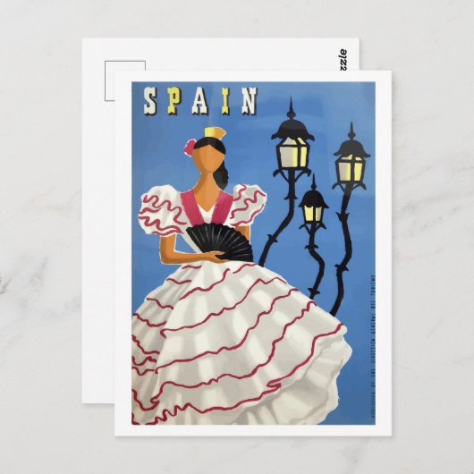 Spanje, illustratie, meisje in folklusje en lampen briefkaart (Voorkant / Achterkant)