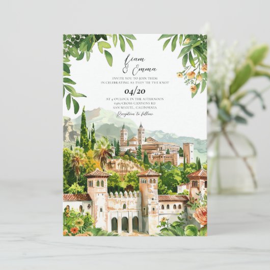 Spanje Kasteel waterverf bruiloft uitnodiging (Staand voorkant)
