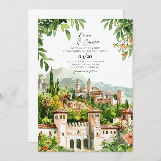 Spanje Kasteel waterverf bruiloft uitnodiging (Voorkant / Achterkant)