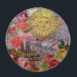 Spanje Sunshine Spaanse Reiskunst Dartbord<br><div class="desc">Deze collage van Spain Sun draait om een bezoek aan het prachtige land Spanje. Onze collage in het Spaans bevat antiek efemera met prachtige vintage beelden - een Spaans geïnspireerde antiek zonnegezicht, Barcelona en Madrid tegel borden, Spaans architectuur, Spaans Flamenco dansen, een Spaans fan, evenals rozen, kant, en een glaasje...</div>