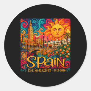 Spanje Totale Zonsverduistering 2026 Retro Paisley Ronde Sticker