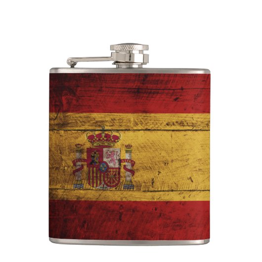 Spanje vlag op oude houten graan heupfles (Voorkant)