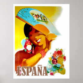 Spanje, vrouw achter waaier, vintage reisposter poster
