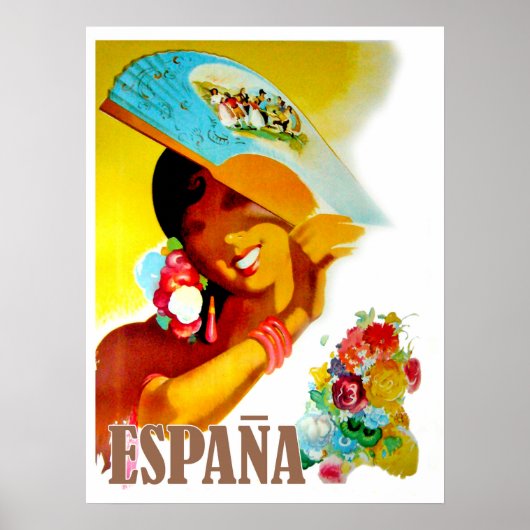 Spanje, vrouw achter waaier, vintage reisposter poster (Voorkant)