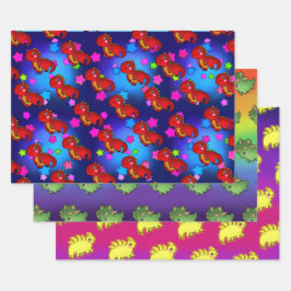 Spannende dinosaurus met regenboogsterren inpakpapier vel