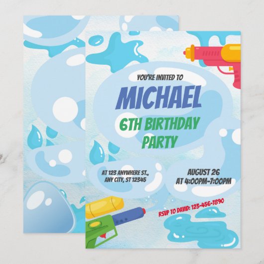 Spannende Super Soaker Party Verjaardag uitnodigin Kaart (Voorkant / Achterkant)