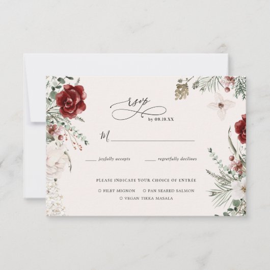 Spar & kant | Winter bloemen bruiloft RSVP Kaartje (Voorkant)