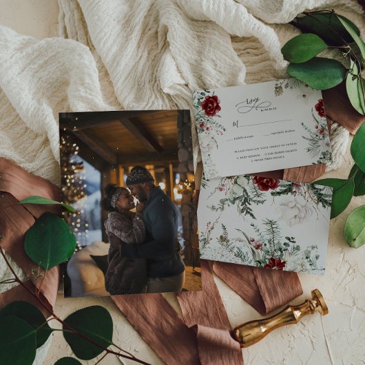 Spar & kant | Winter bloemen bruiloft RSVP Kaartje