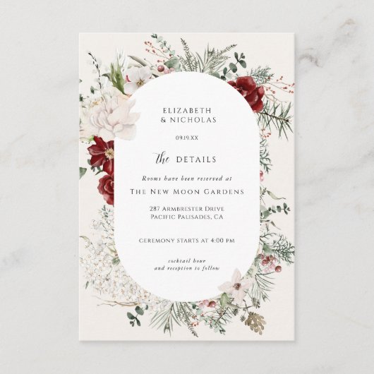 Spar & kant | Winter Bloemen Trouwdetails Informatiekaartje (Voorkant)