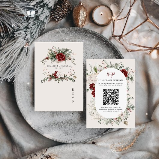Spar & kant | Winter Floral Wedding Crest RSVP Kaartje