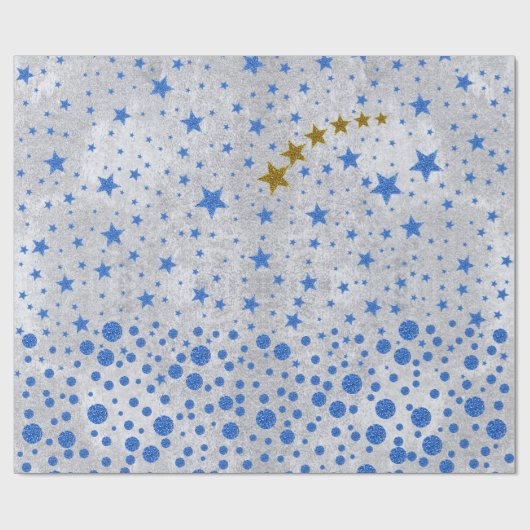 Sparblauwe sterren op abstract zilverpapier cadeaupapier (Vlak)