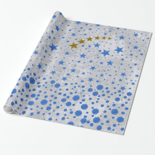 Sparblauwe sterren op abstract zilverpapier cadeaupapier