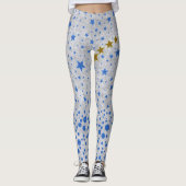 Sparblauwe sterren op abstract zilverpapier leggings (Voorkant)