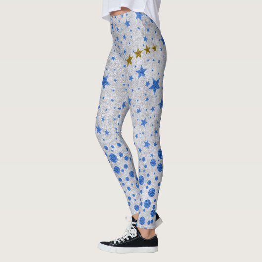 Sparblauwe sterren op abstract zilverpapier leggings (Links)