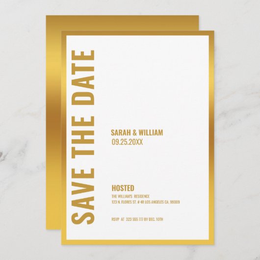 Sparen date-White met de gouden Uitnodiging van he (Voorkant / Achterkant)