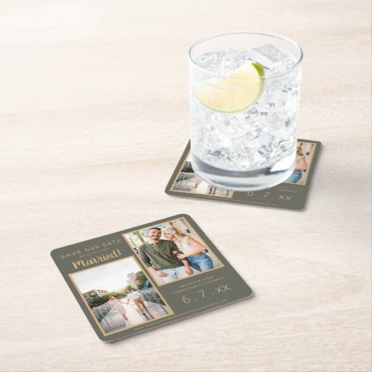 Sparen Datum 2 Foto Rust Brown Moss Green Onderzet Kartonnen Onderzetters (Insitu)