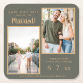 Sparen Datum 2 Foto Rust Brown Moss Green Onderzet Kartonnen Onderzetters (Voorkant)