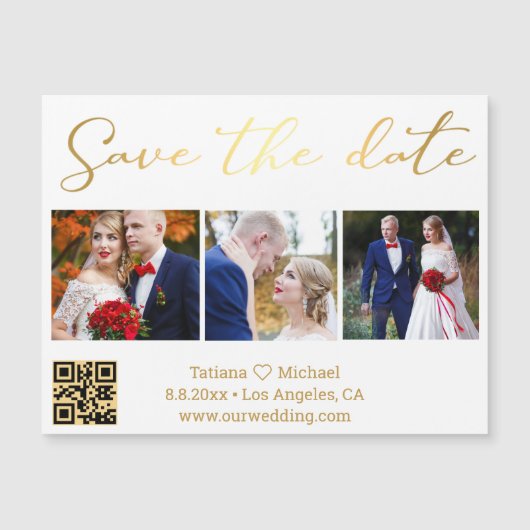 sparen datum goud 3 foto's qr code bruiloft magnen (Voorkant)