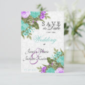 Sparen de  Blauwgroen Datum en Paars Bloemen Save The Date (Staand voorkant)