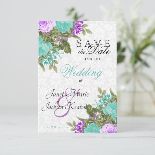 Sparen de Blauwgroen Datum en Paars Bloemen Save The Date (Staand voorkant)