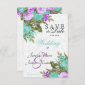 Sparen de  Blauwgroen Datum en Paars Bloemen Save The Date (Voorkant / Achterkant)