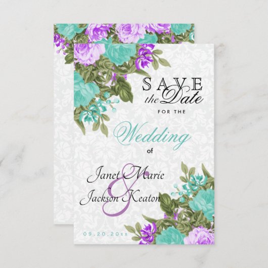 Sparen de  Blauwgroen Datum en Paars Bloemen Save The Date (Voorkant / Achterkant)