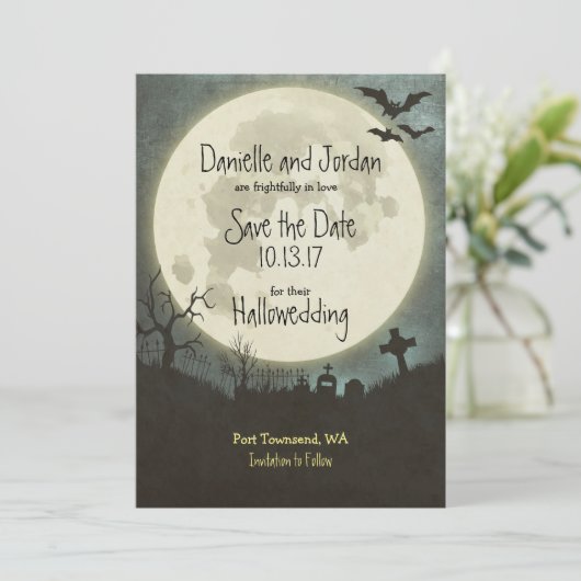 Sparen de Date Halloween bruiloft - maan, begraafp Save The Date (Staand voorkant)