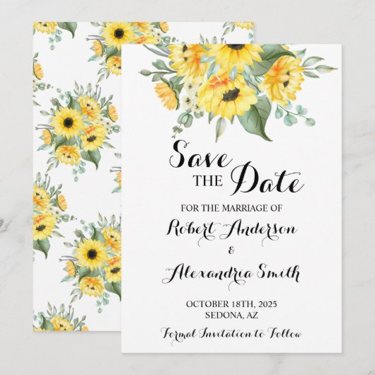 Sparen de Date Wedding Sunflower Greenery Kaart (Voorkant / Achterkant)